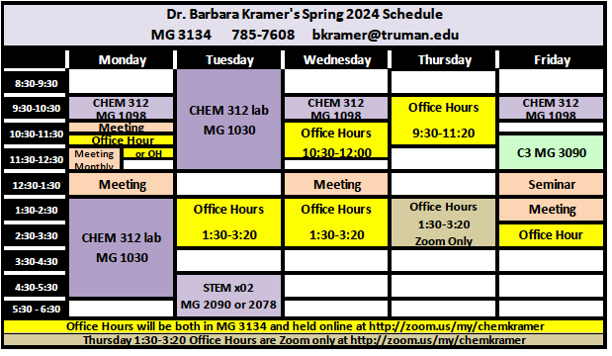 Grid of Dr. Kramer's schedule. See text above for office hours.